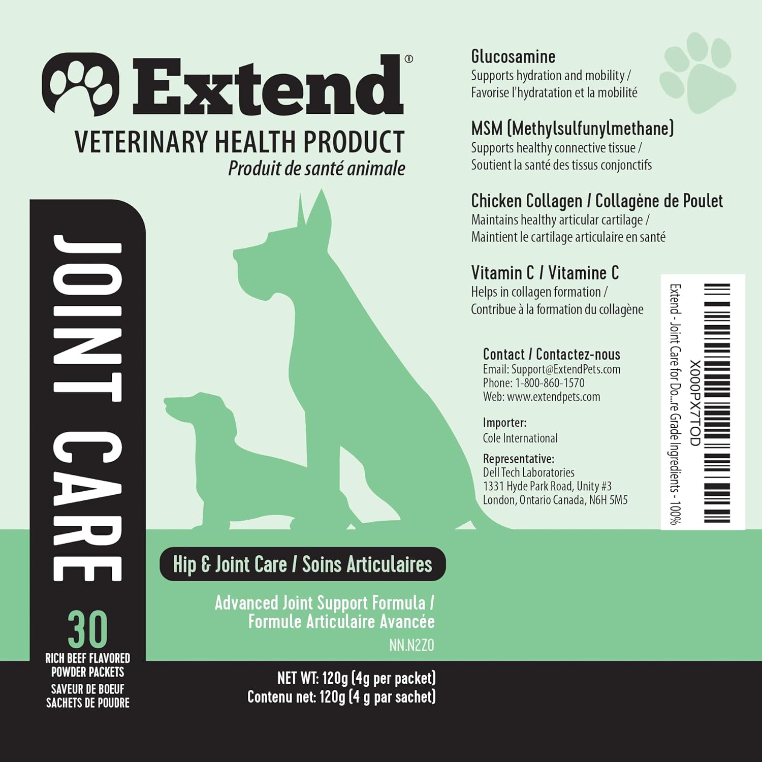 Dog Joint Supplement Powder Glucosamine Chondroitin MSM Collagen 30Ct