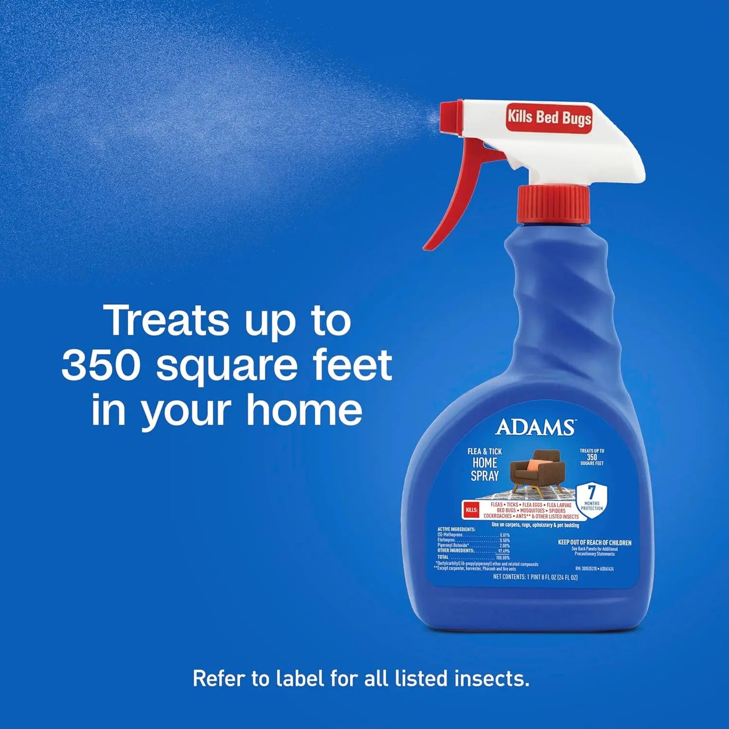 Adams Flea & Tick Home Spray – Kills Fleas, Eggs, Ticks, Bed Bugs & More, 24 oz