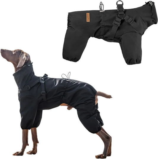 Adjustable Waterproof Dog Raincoat with Harness Reflective 4-Leg Jacket S–5XL Black