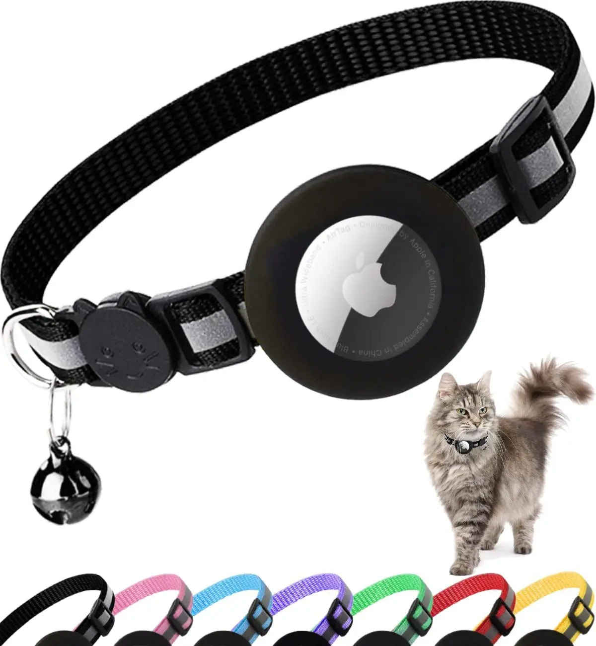 AirTag Cat Collar – Reflective Breakaway Kitten Collar w/ Holder & Bell Black