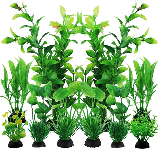 Aquarium Plants 10 Pack Fish Tank Decorations Artificial Green Plant Set