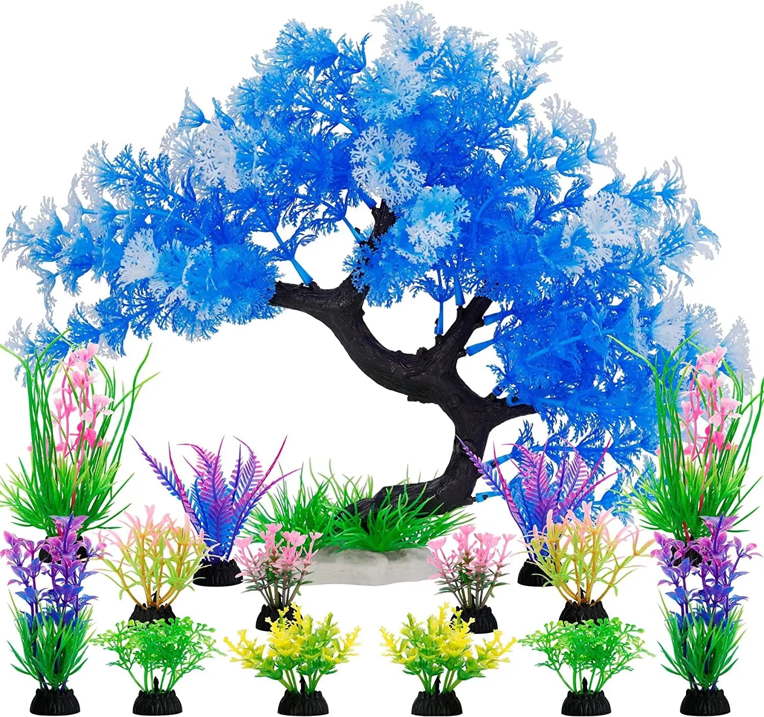 Aquarium Plants 15 Pack Artificial Fish Tank Decor Tree & Plant Set Bule Set