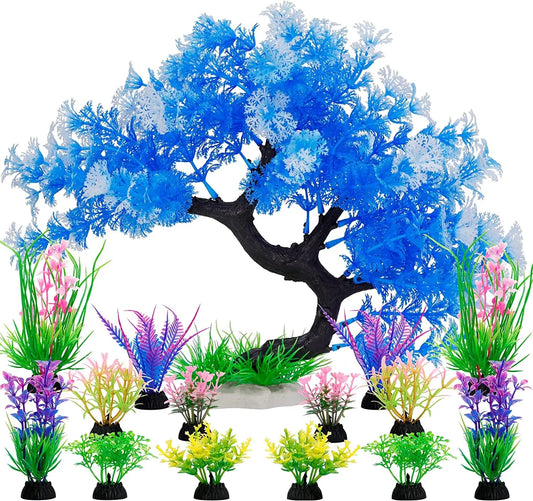 Aquarium Plants 15 Pack Artificial Fish Tank Decor Tree & Plant Set Bule Set