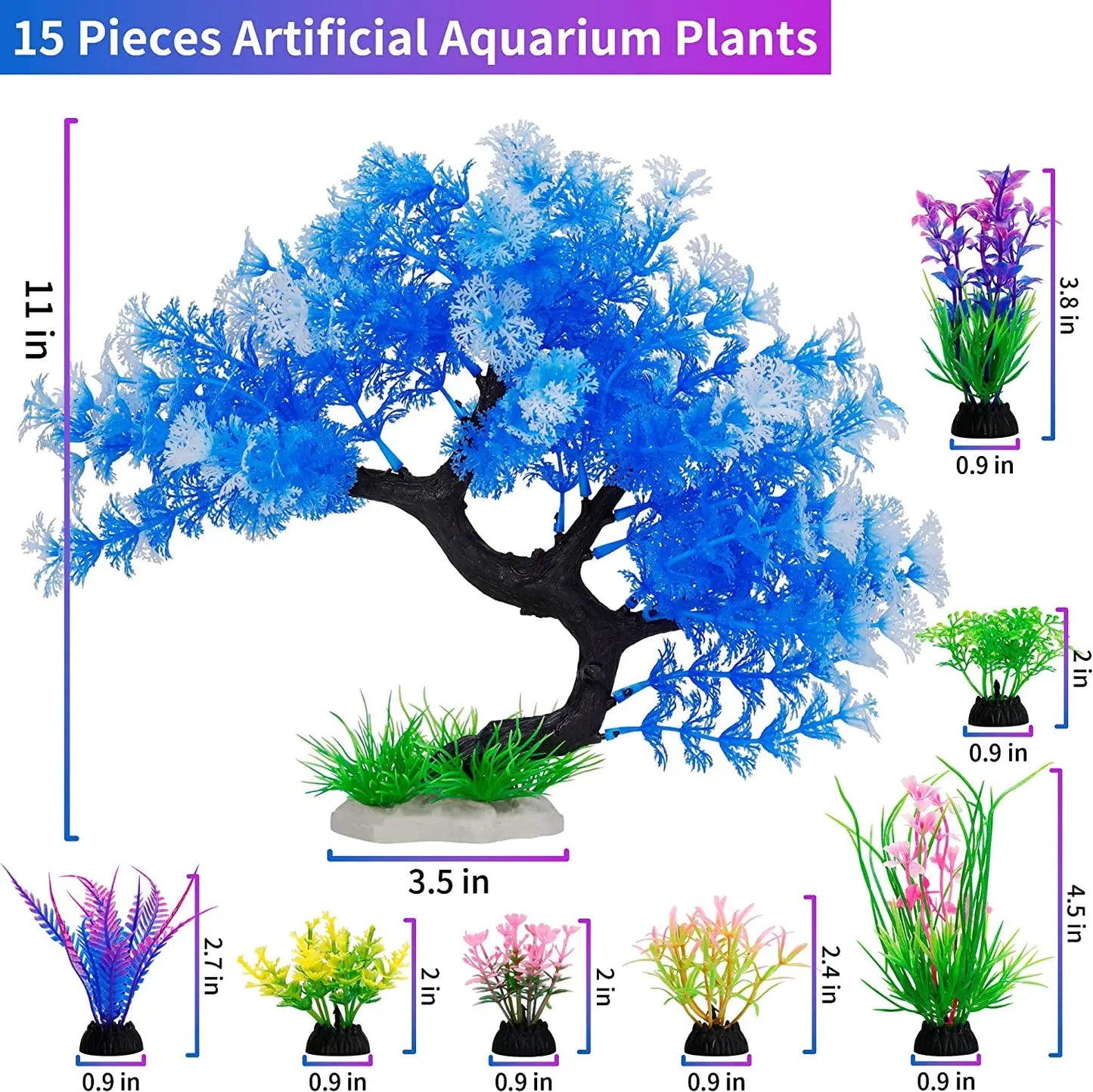 Aquarium Plants 15 Pack Artificial Fish Tank Decor Tree & Plant Set