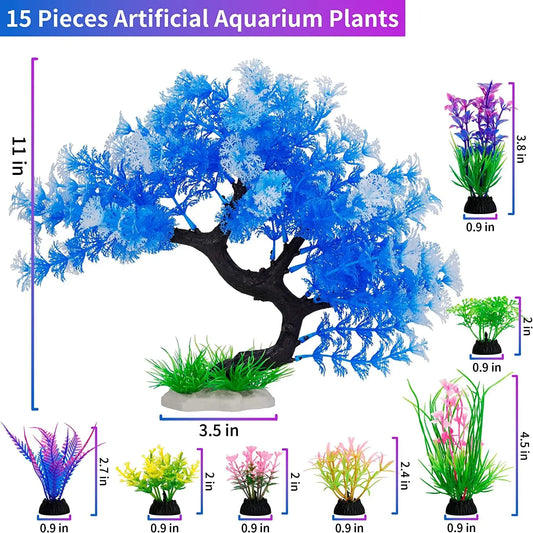 Aquarium Plants 15 Pack Artificial Fish Tank Decor Tree & Plant Set