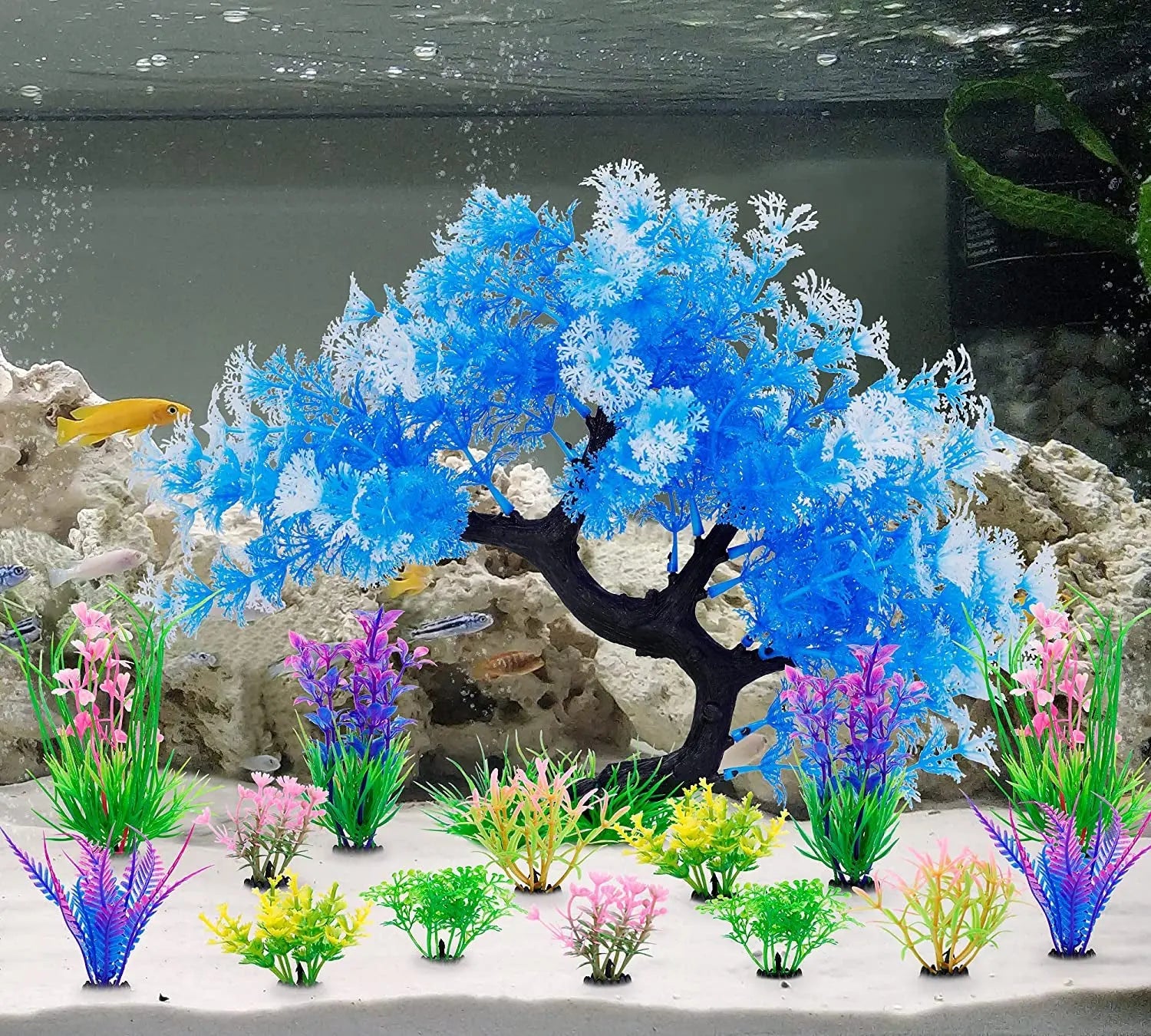 Aquarium Plants 15 Pack Artificial Fish Tank Decor Tree & Plant Set