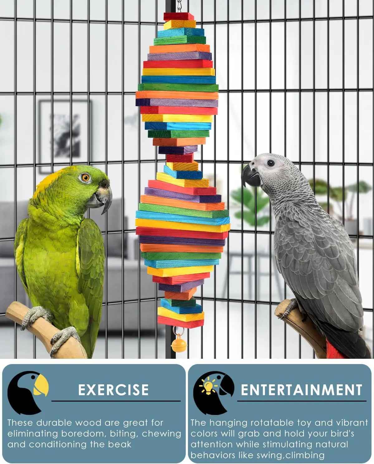 Bird Chew Toy with Wooden Blocks, Hanging Parrot Toy for Medium to Large Birds