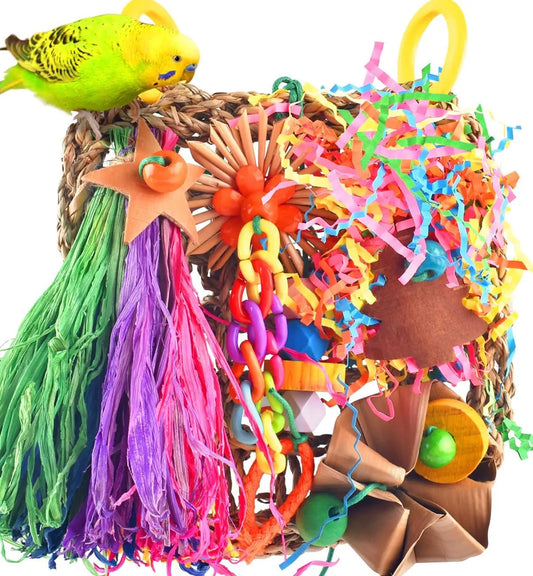 Bird Grass Mat Foraging Toy, Hanging Climbing & Shredder Toy for Small Birds