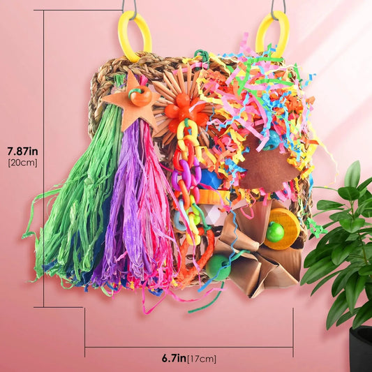 Bird Grass Mat Foraging Toy, Hanging Climbing & Shredder Toy for Small Birds
