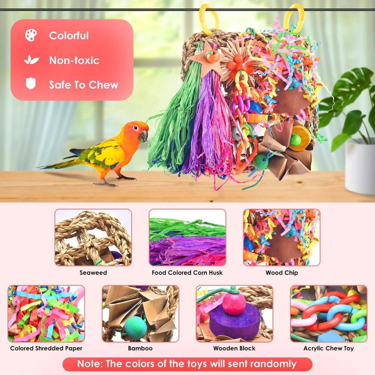 Bird Grass Mat Foraging Toy, Hanging Climbing & Shredder Toy for Small Birds