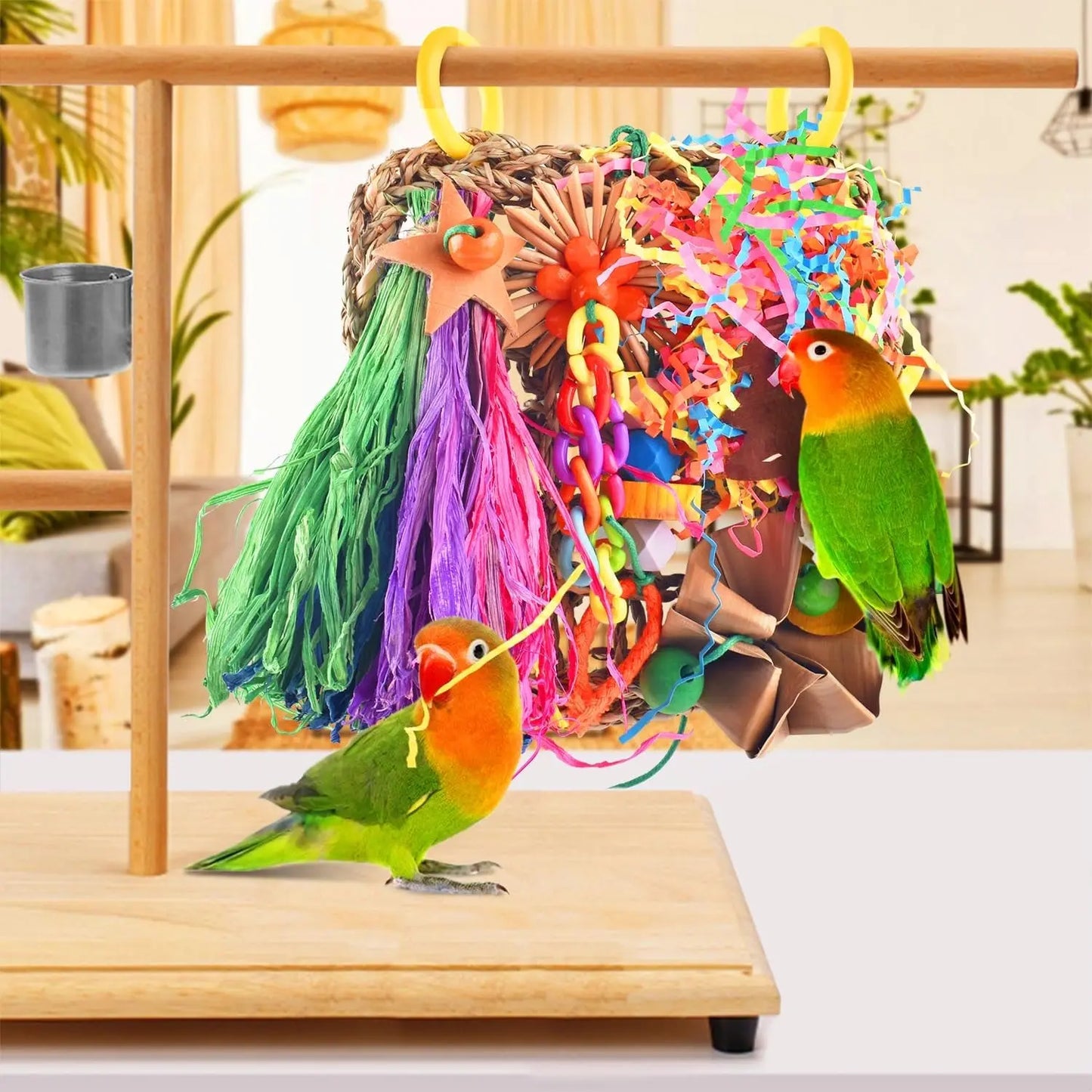 Bird Grass Mat Foraging Toy, Hanging Climbing & Shredder Toy for Small Birds