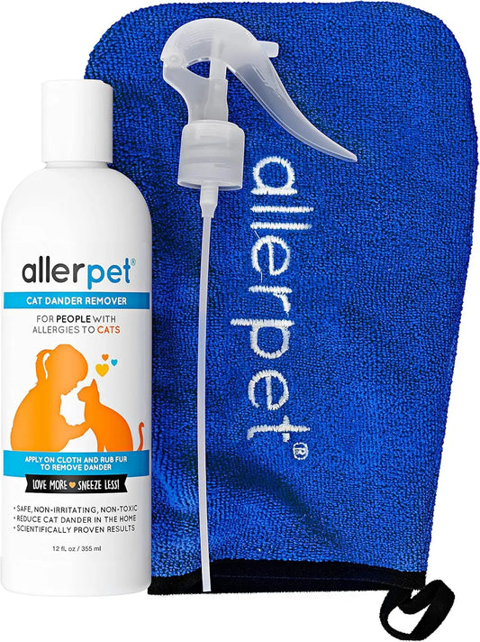Cat Dander Remover Spray – Allergy Relief for Cats & Humans, Natural Chamomile & Rosemary, 12oz Single W Applicator Mitt + Sprayer