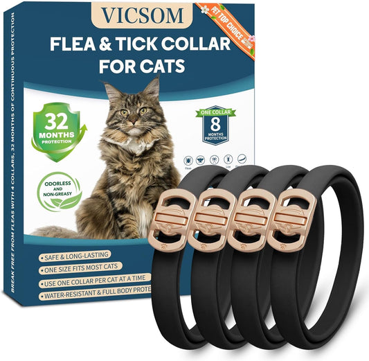 Cat Flea Collar 4 Pack Waterproof Adjustable Tick Prevention 32 Month Protection Black