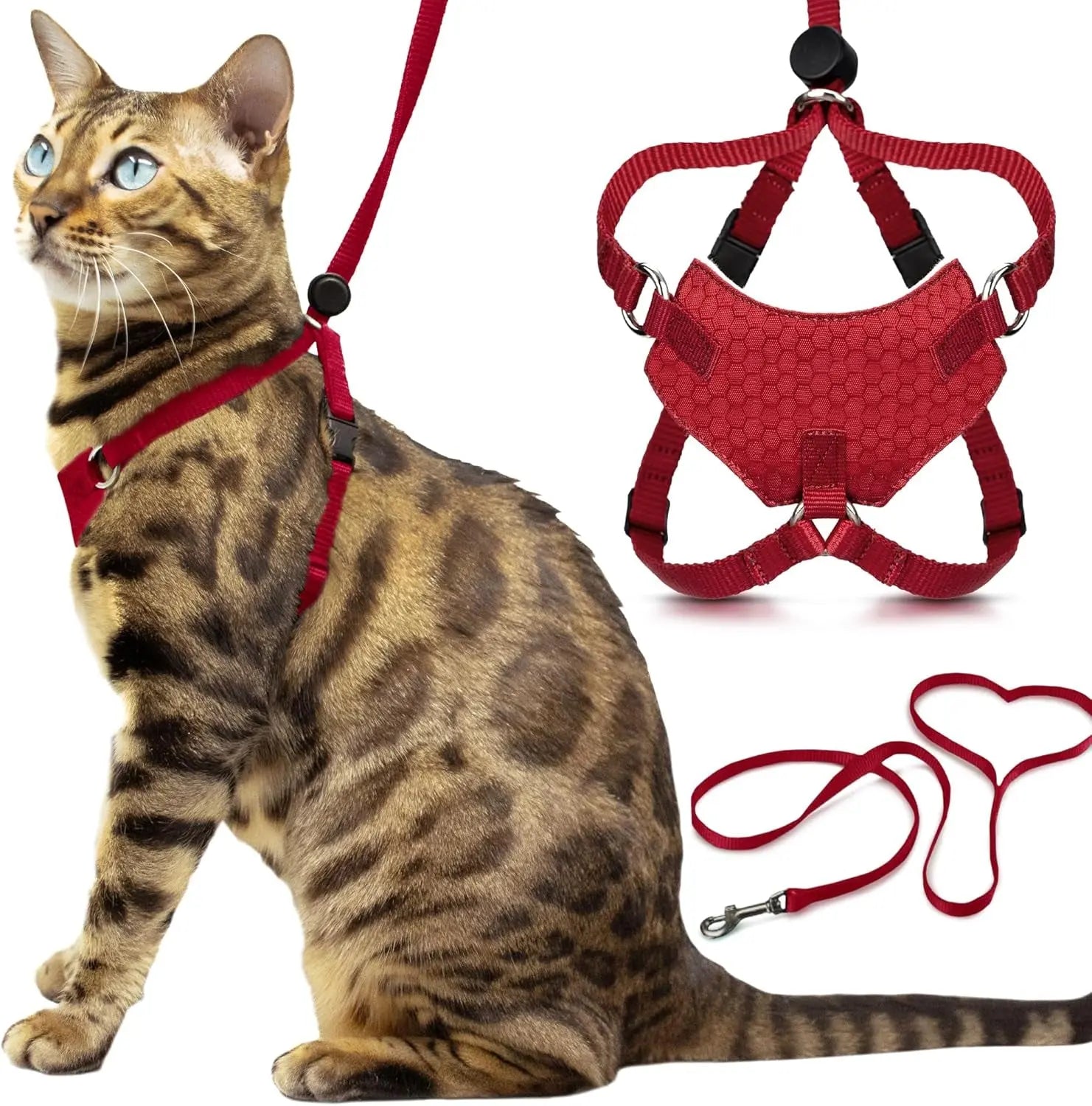 Cat Harness Escape Proof Adjustable Leash Set Reflective Walking Vest Red