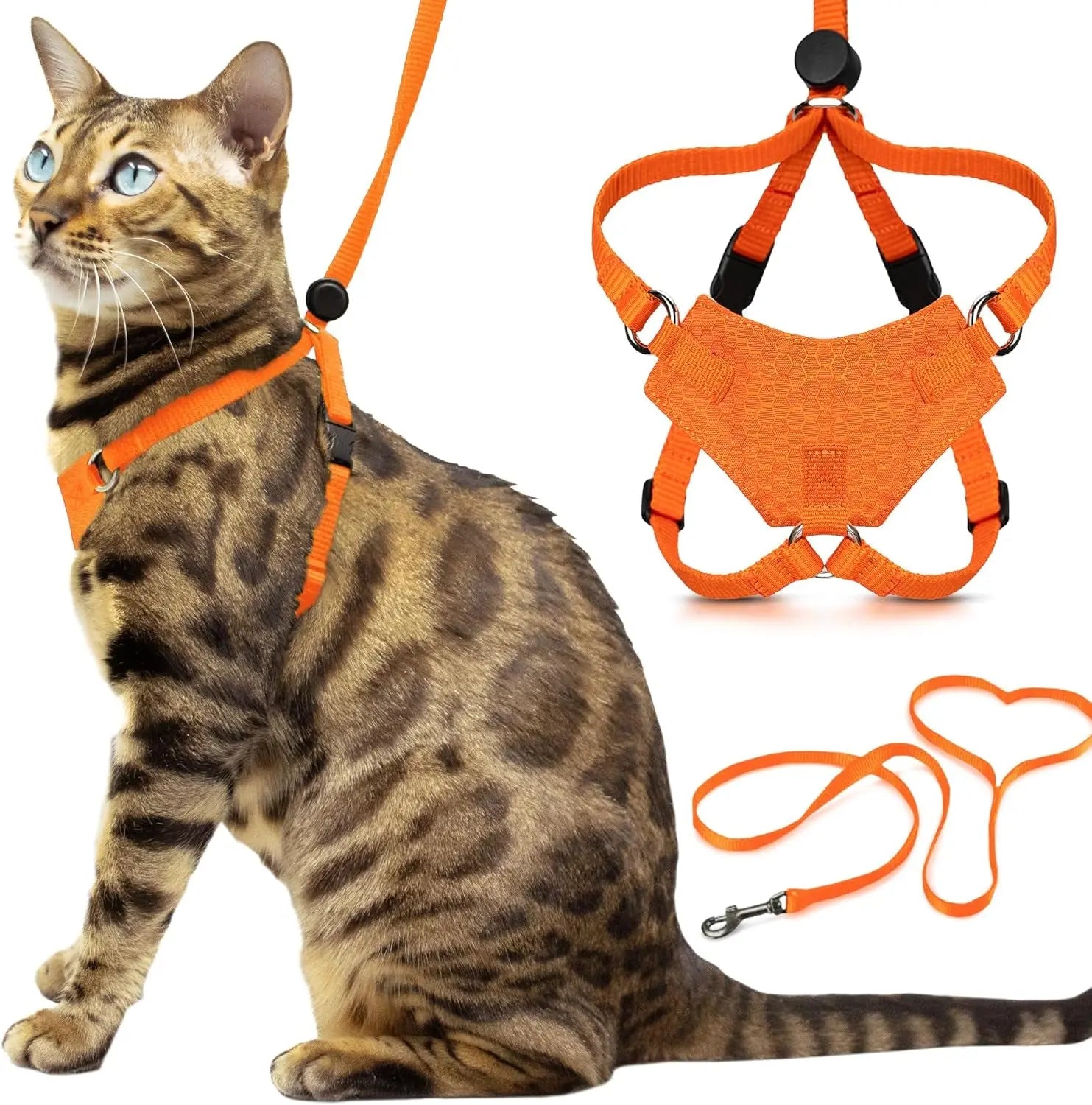 Cat Harness Escape Proof Adjustable Leash Set Reflective Walking Vest Orange