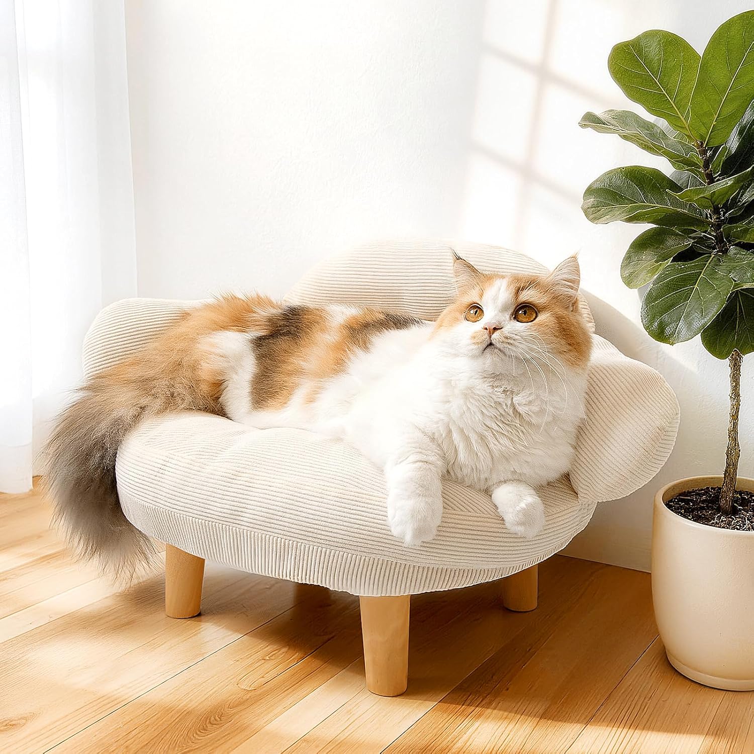 Cat Sofa Bed Furniture Style Velvet Pet Couch with Wood Legs Small Dogs White