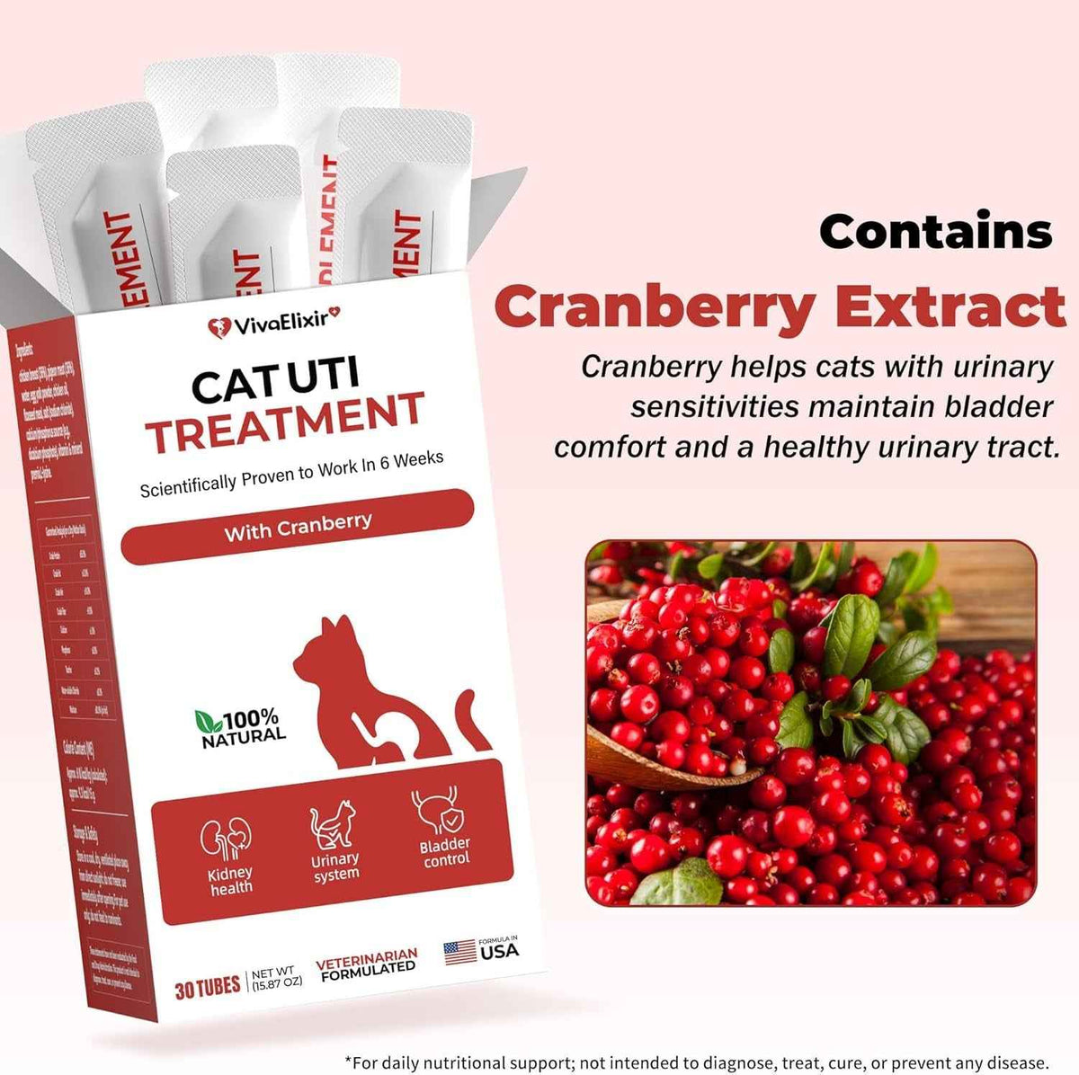 Cat UTI Kidney Support Supplement Cranberry Urinary Health Low Phosphorus 30Pk
