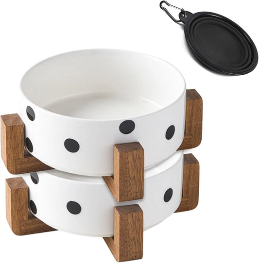 Ceramic Cat & Small Dog Bowl Set with Stand 13.5oz Non Slip Double Black Dot