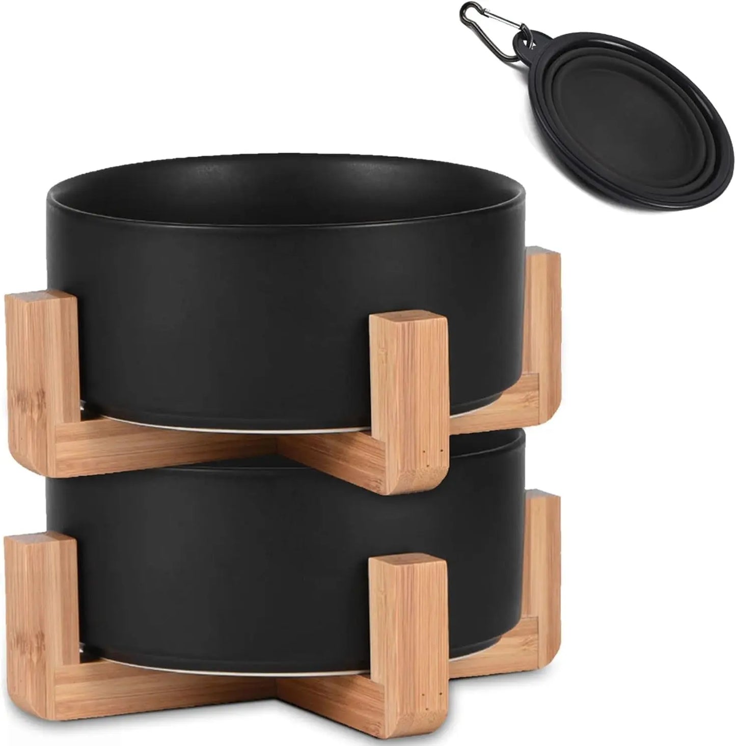 Ceramic Cat & Small Dog Bowl Set with Stand 13.5oz Non Slip Double Black
