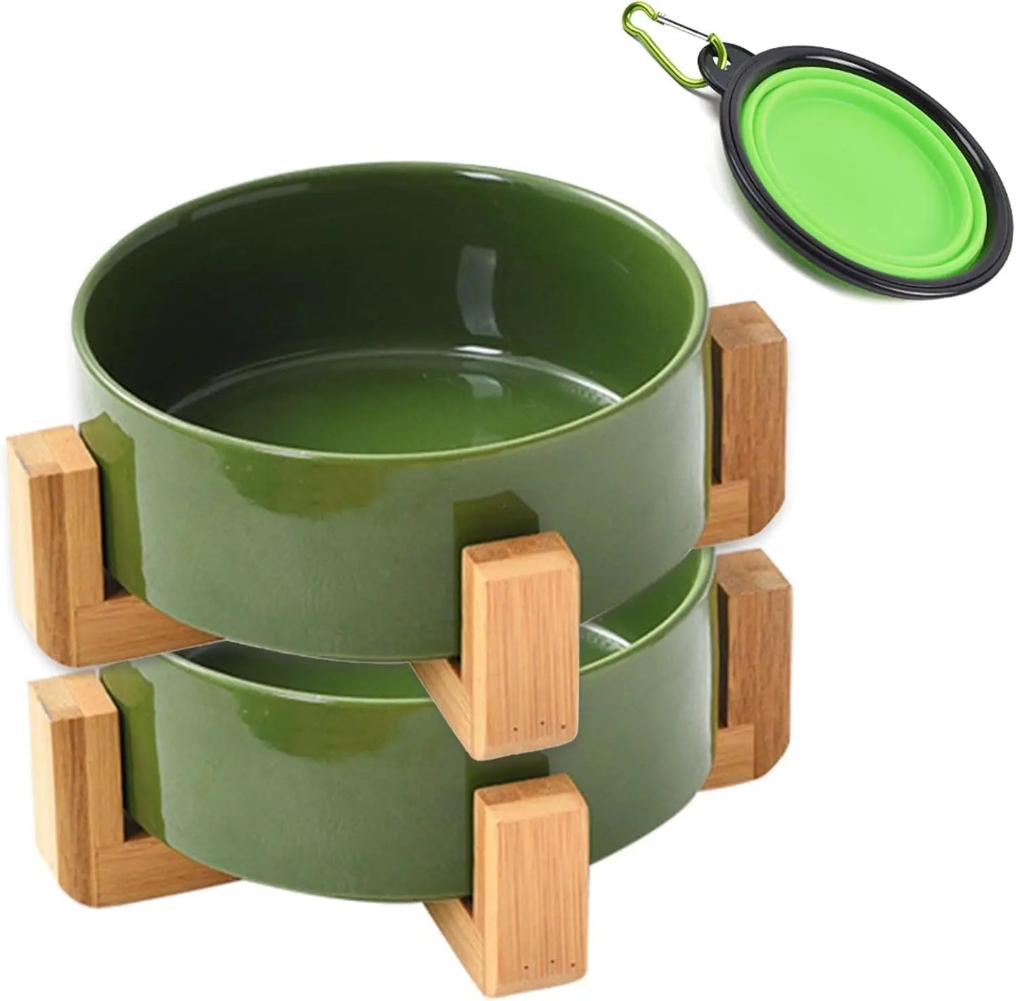Ceramic Cat & Small Dog Bowl Set with Stand 13.5oz Non Slip Double Rust Green