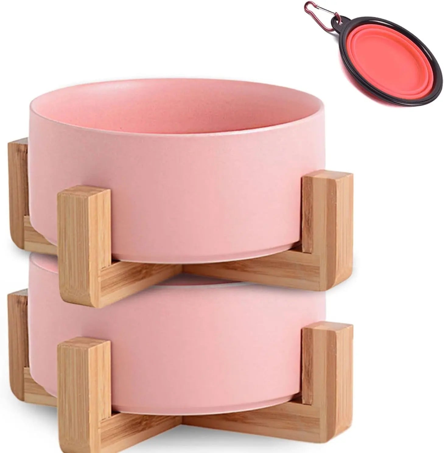 Ceramic Cat & Small Dog Bowl Set with Stand 13.5oz Non Slip Double Pink