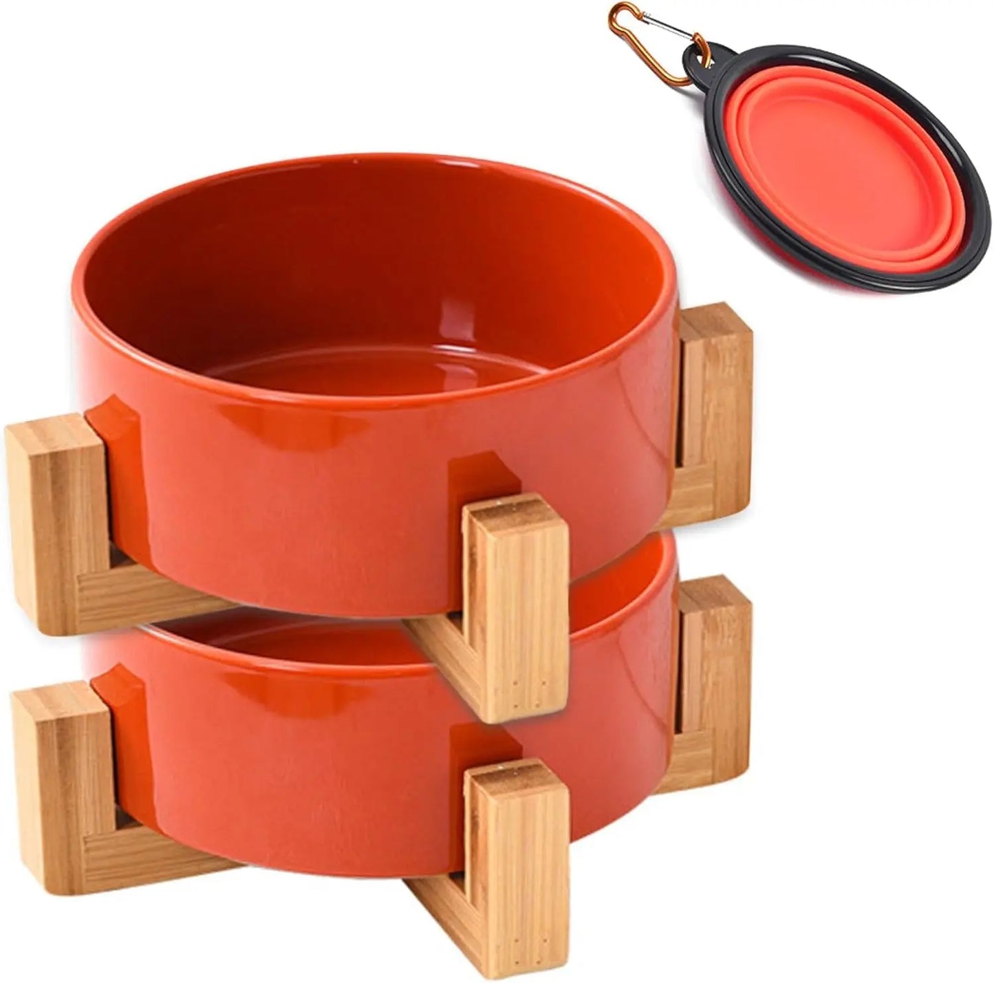 Ceramic Cat & Small Dog Bowl Set with Stand 13.5oz Non Slip Double Rust Red