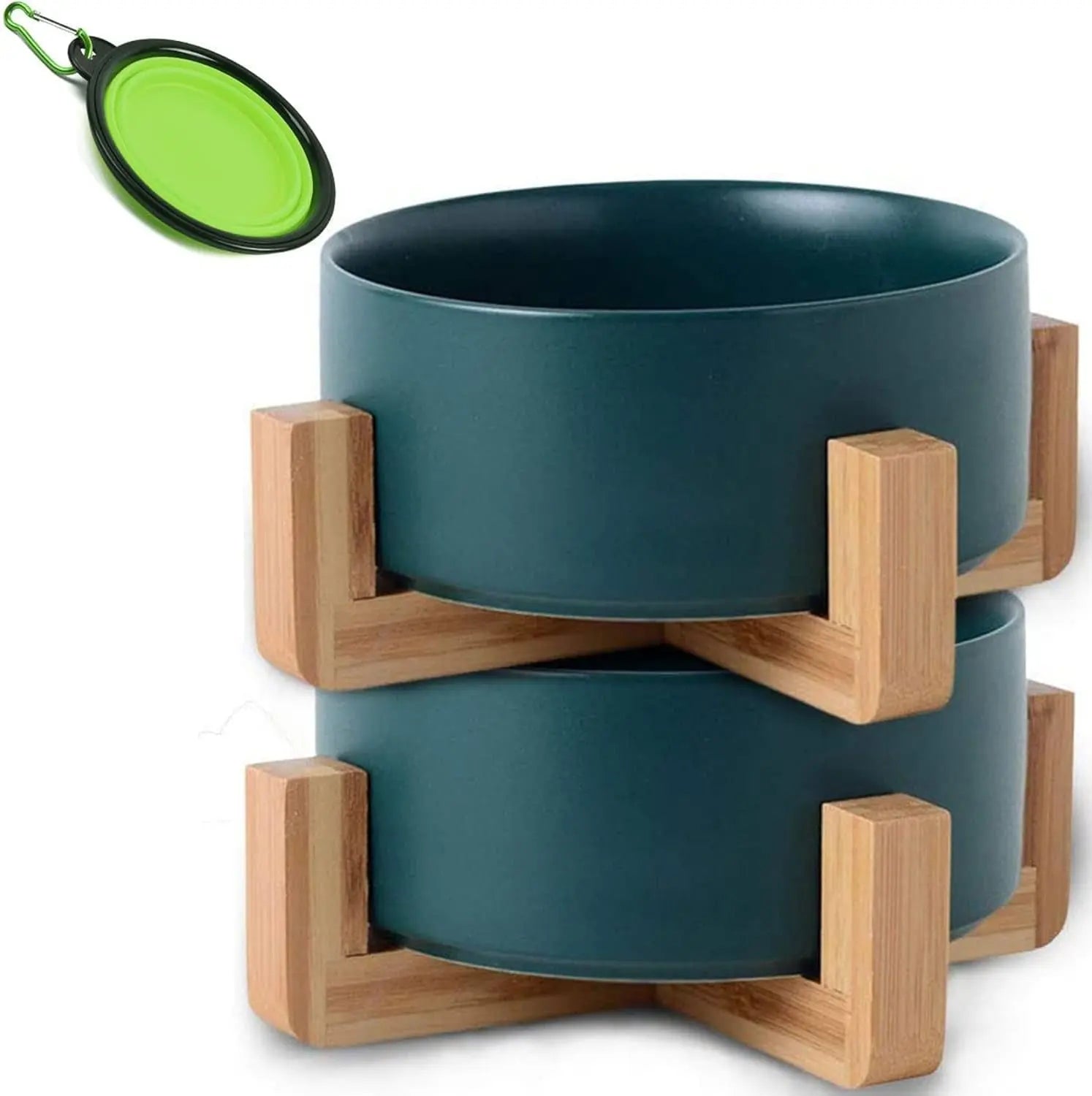 Ceramic Cat & Small Dog Bowl Set with Stand 13.5oz Non Slip Double Deep Green Puppy Small Size Dogs Cat Bowls 400Ml*2