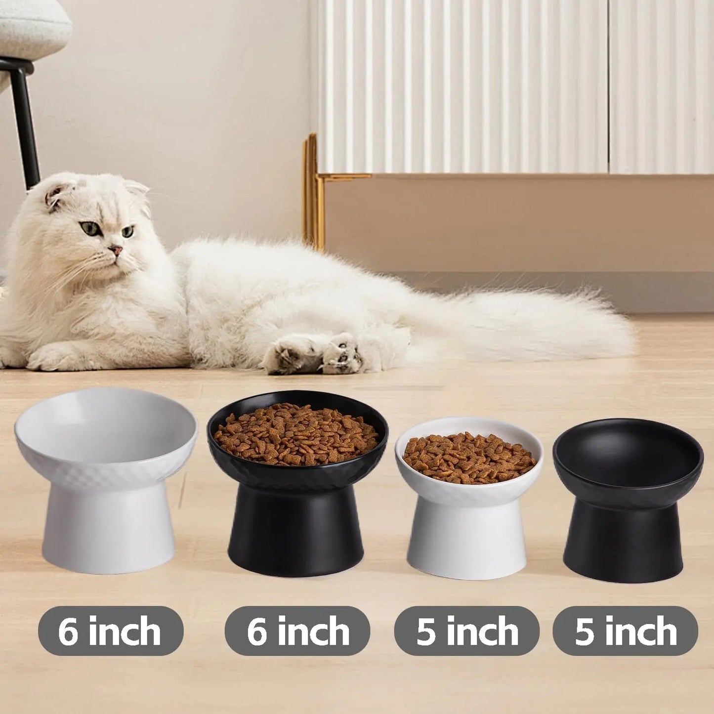 Ceramic Raised Tilted Cat Bowls Set of 2, Elevated Porcelain Feeder