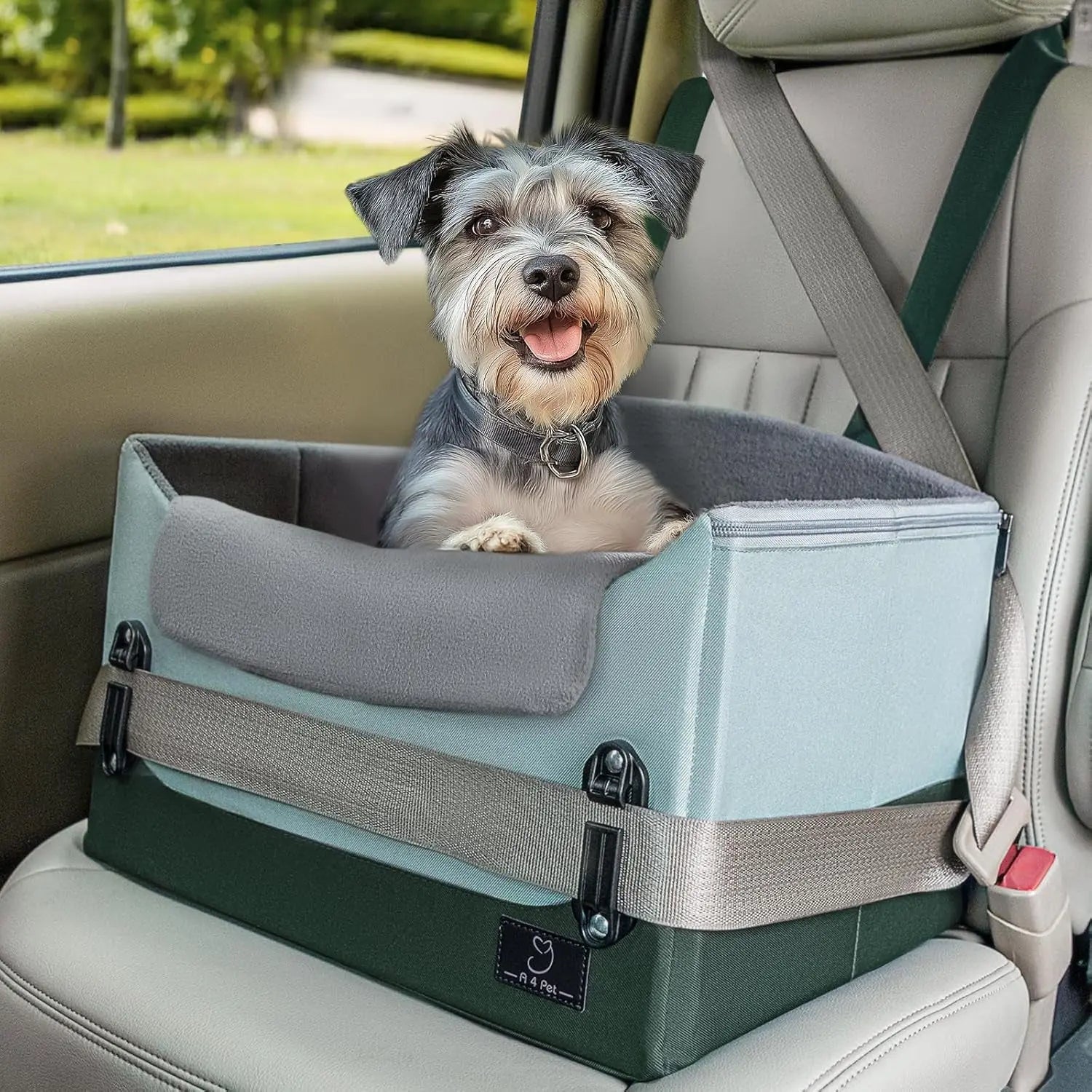 Dog Car Seat Booster for Small Dogs Under 25lbs, Travel Safety Seat with Leash Dark Green With Pattern Small