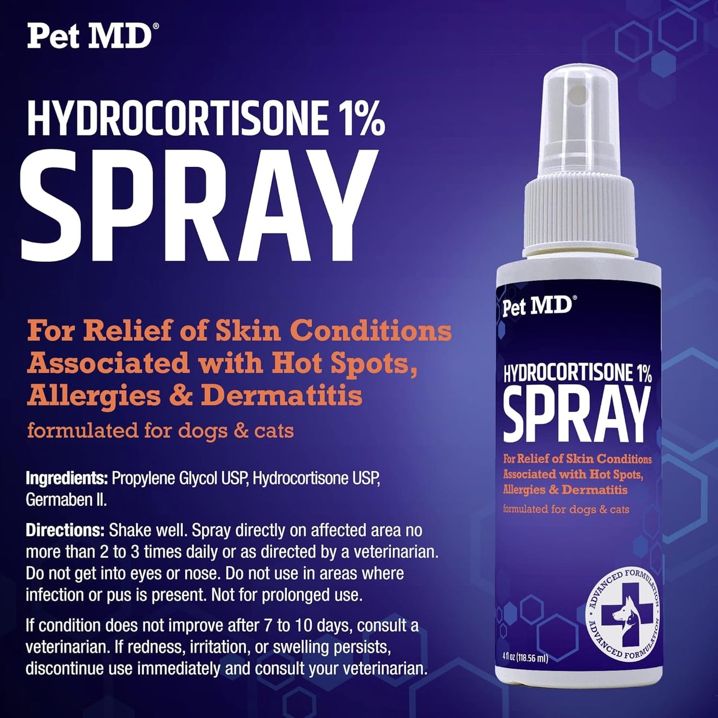 Dog Cat Horse Itch Relief Spray Hydrocortisone Hot Spot Skin Care 4oz