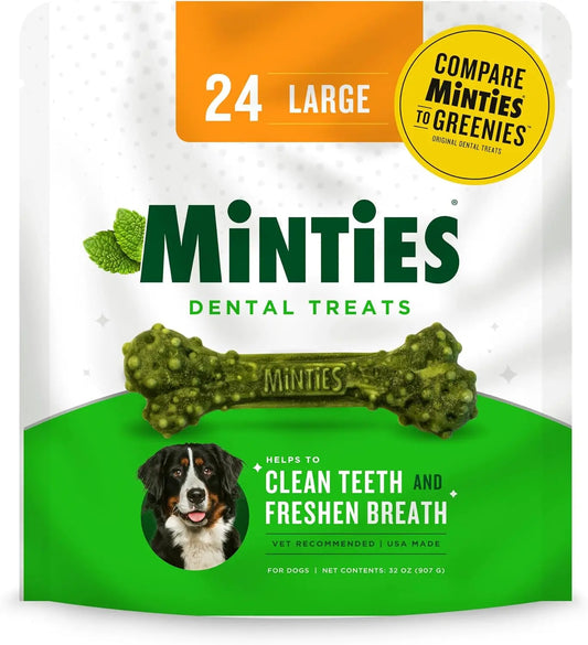 Minties Dental Dog Treats – Vet-Recommended Mint Bones for Clean Teeth Large Mint 32 Ounces