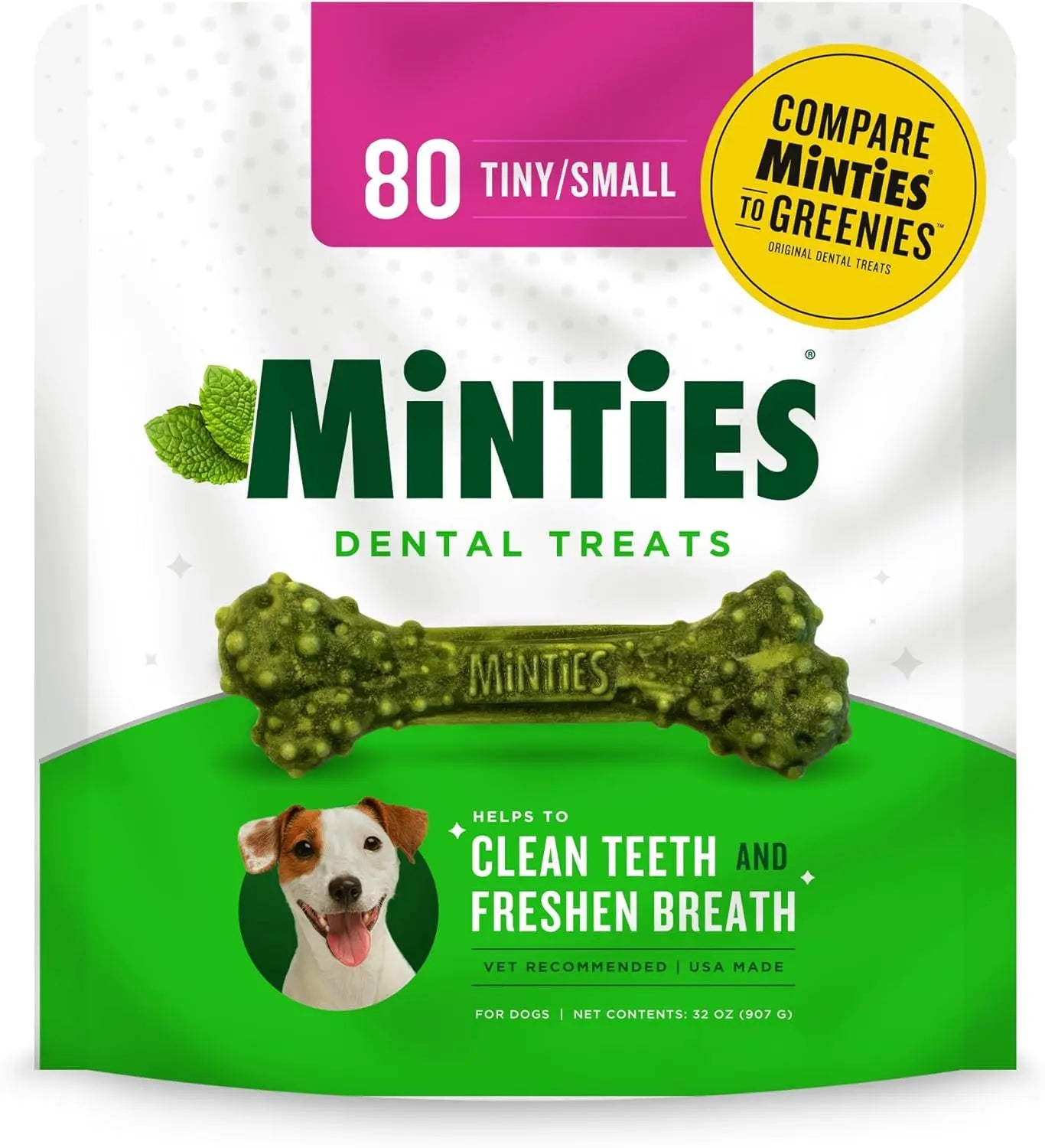 Minties Dental Dog Treats – Vet-Recommended Mint Bones for Clean Teeth Small Mint 32 Ounces