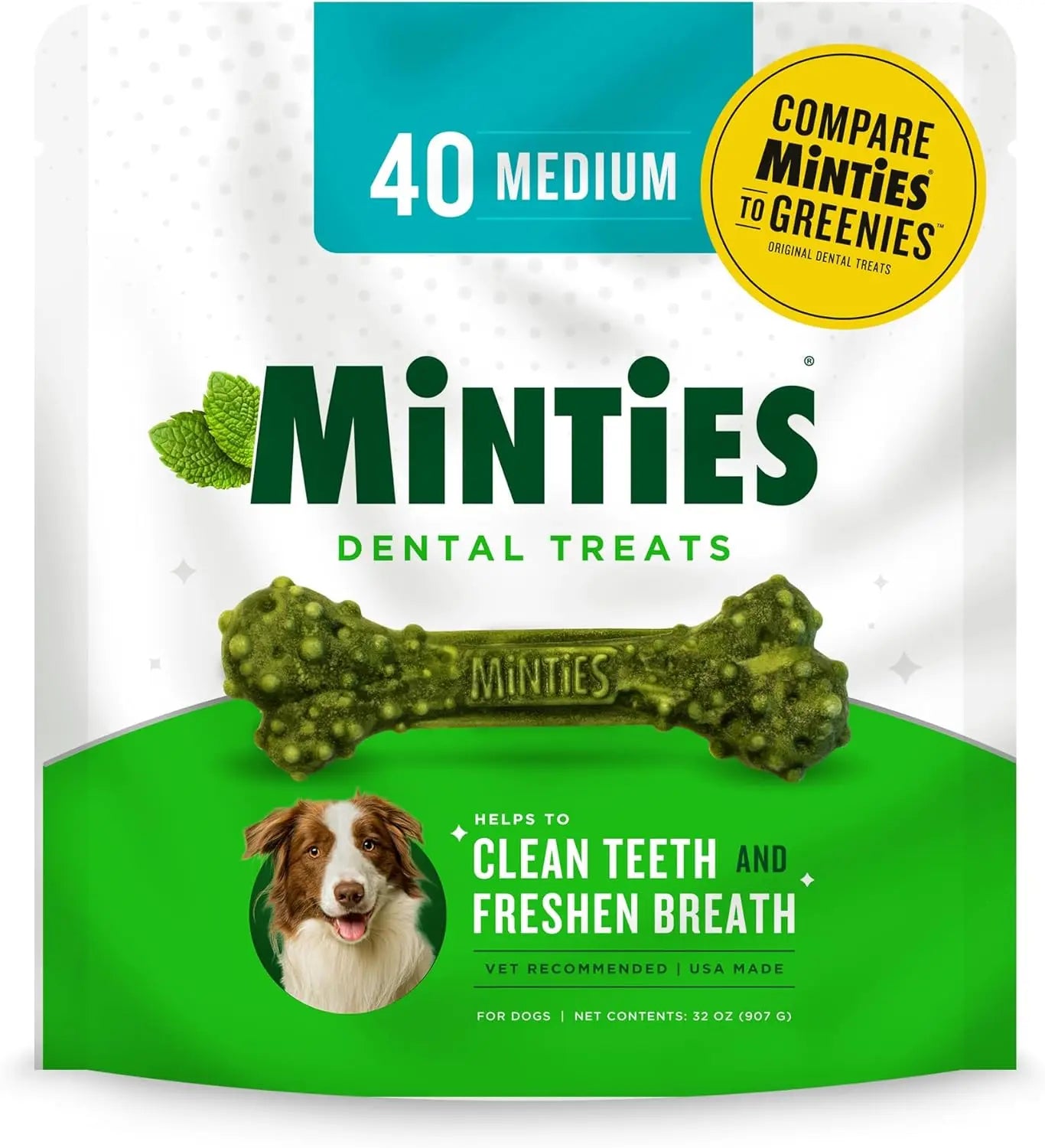 Minties Dental Dog Treats – Vet-Recommended Mint Bones for Clean Teeth Medium Mint 32 Ounces