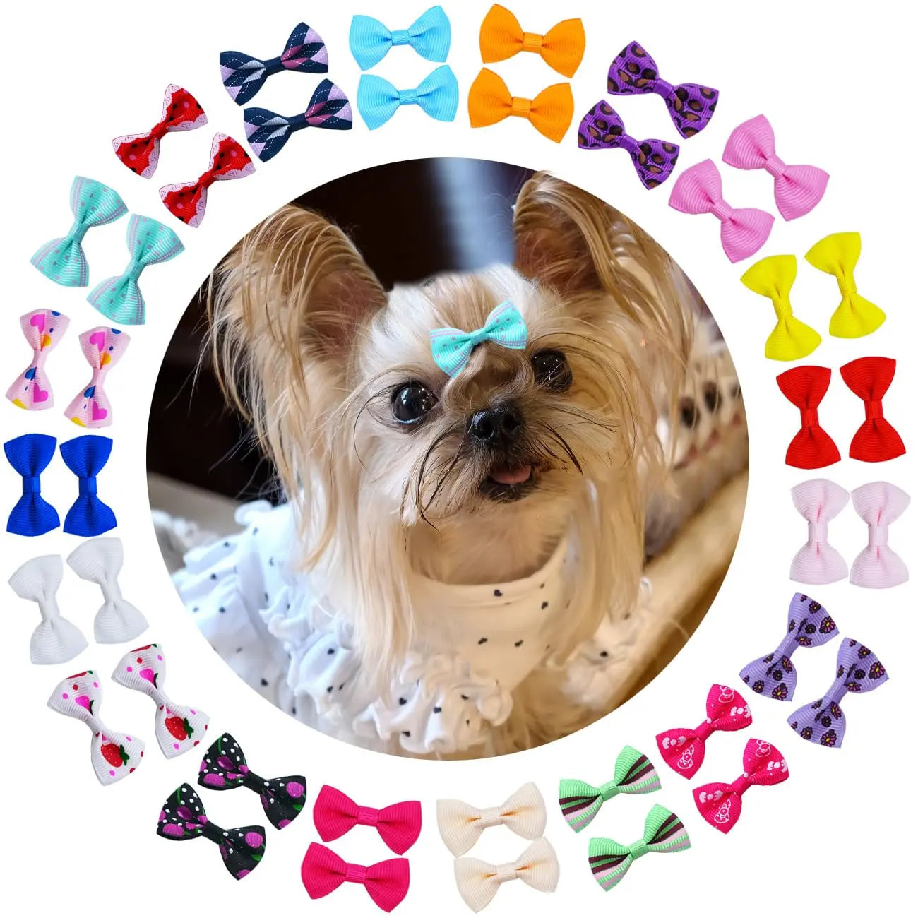 Dog Hair Bows Clips 40PCS Colorful Ribbon Accessories Small Dogs Grooming 2Inch-Clips