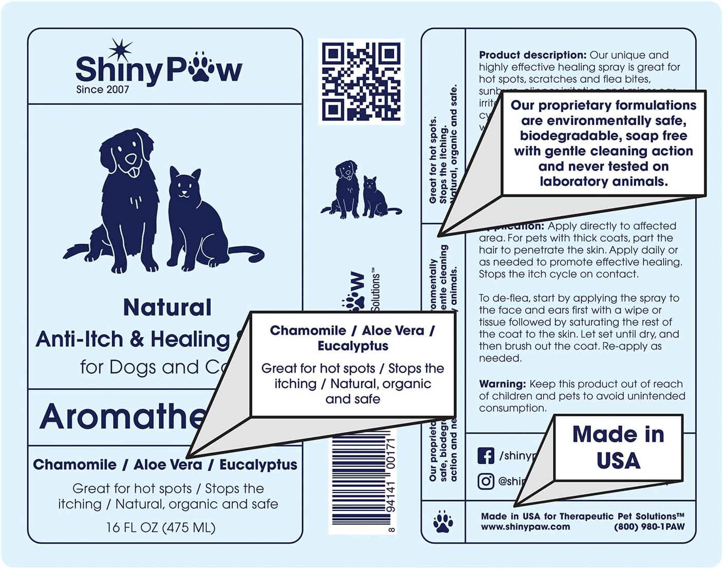 Dog Itch Spray Hot Spot Relief Aloe Eucalyptus Skin Treatment Made USA 16oz
