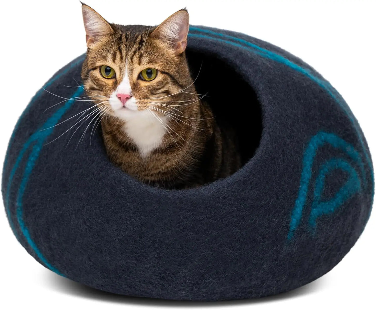 Eco-Friendly Cat Cave Bed – Handmade 100% Merino Wool Felt Hideout for Cats & Kittens Black Aqua Large