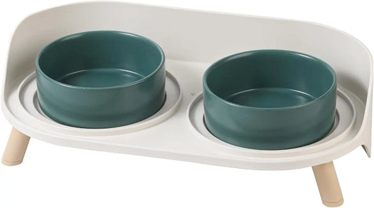 Elevated Ceramic Cat & Dog Bowl Set with Splash Guard, Non-Slip Stand (2x480ml) Green Small