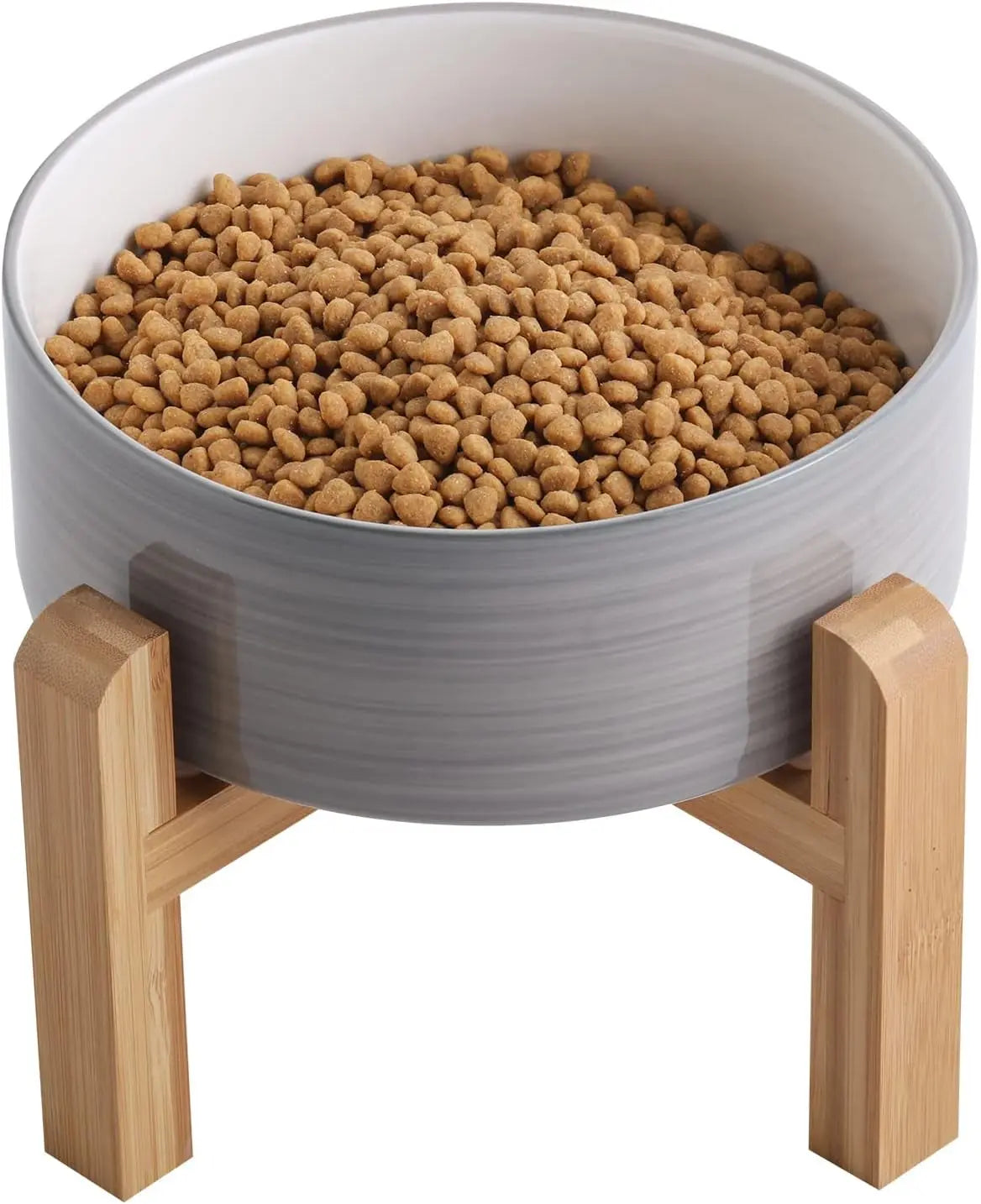 Elevated Ceramic Dog Bowl with Wood Stand | Modern Porcelain (6” & 8”) Grey White 6 Inch