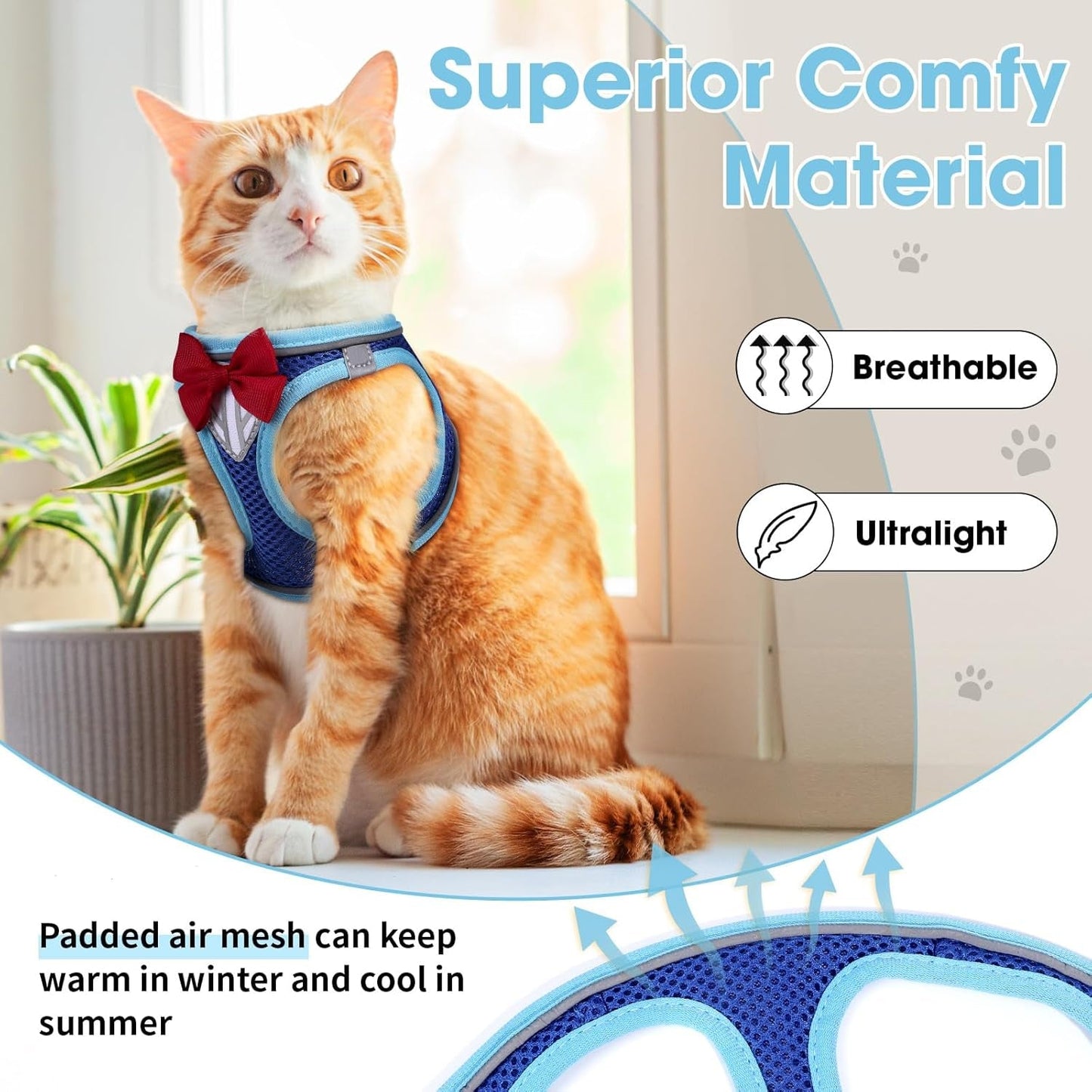 Escape Proof Cat Harness Leash Set Reflective Breathable Adjustable