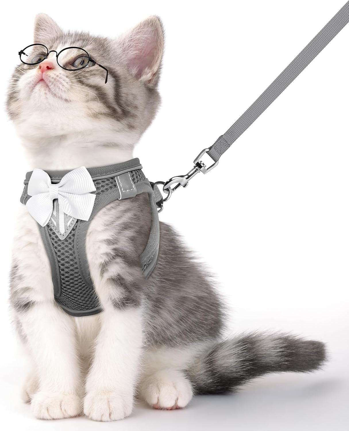 Escape Proof Cat Harness Leash Set Reflective Breathable Adjustable Grey