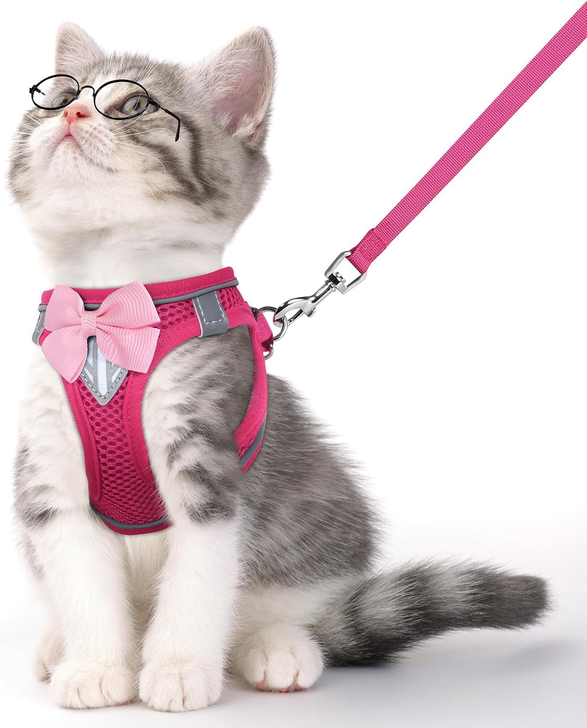 Escape Proof Cat Harness Leash Set Reflective Breathable Adjustable Pink