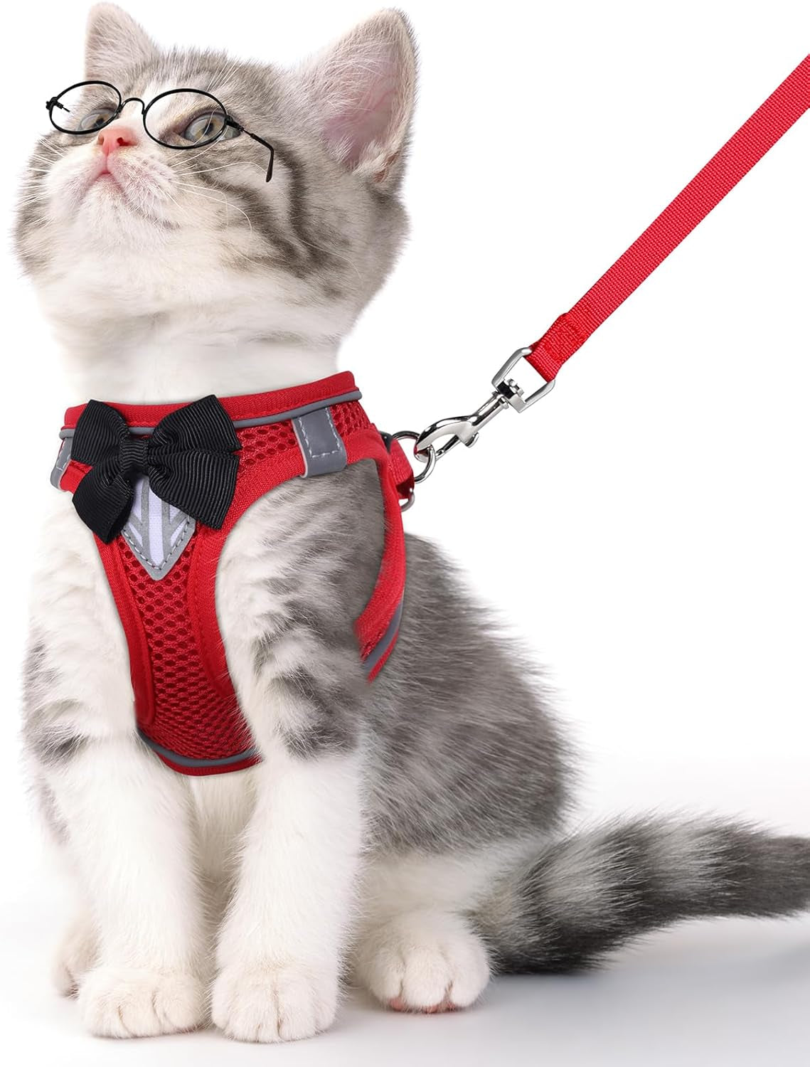 Escape Proof Cat Harness Leash Set Reflective Breathable Adjustable Red