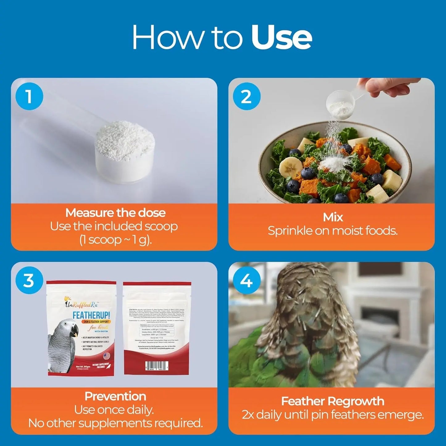 FeatherUp Bird Vitamins with Biotin & Calcium for Feather Growth 90g