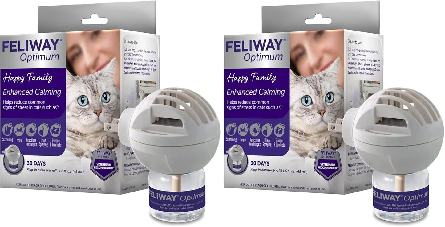 Feliway Optimum Cat Calming Diffuser Starter Kit, 48ml – 30-Day Stress Relief Translucent 2 Pack