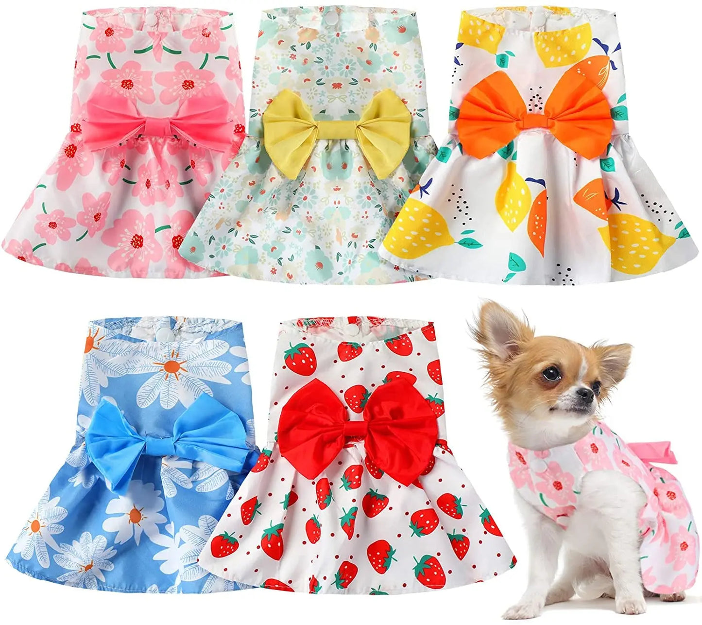 Floral Dog Dress Set Bow Summer Puppy Skirt Outfit Small Dogs Cats 5 Pack Large