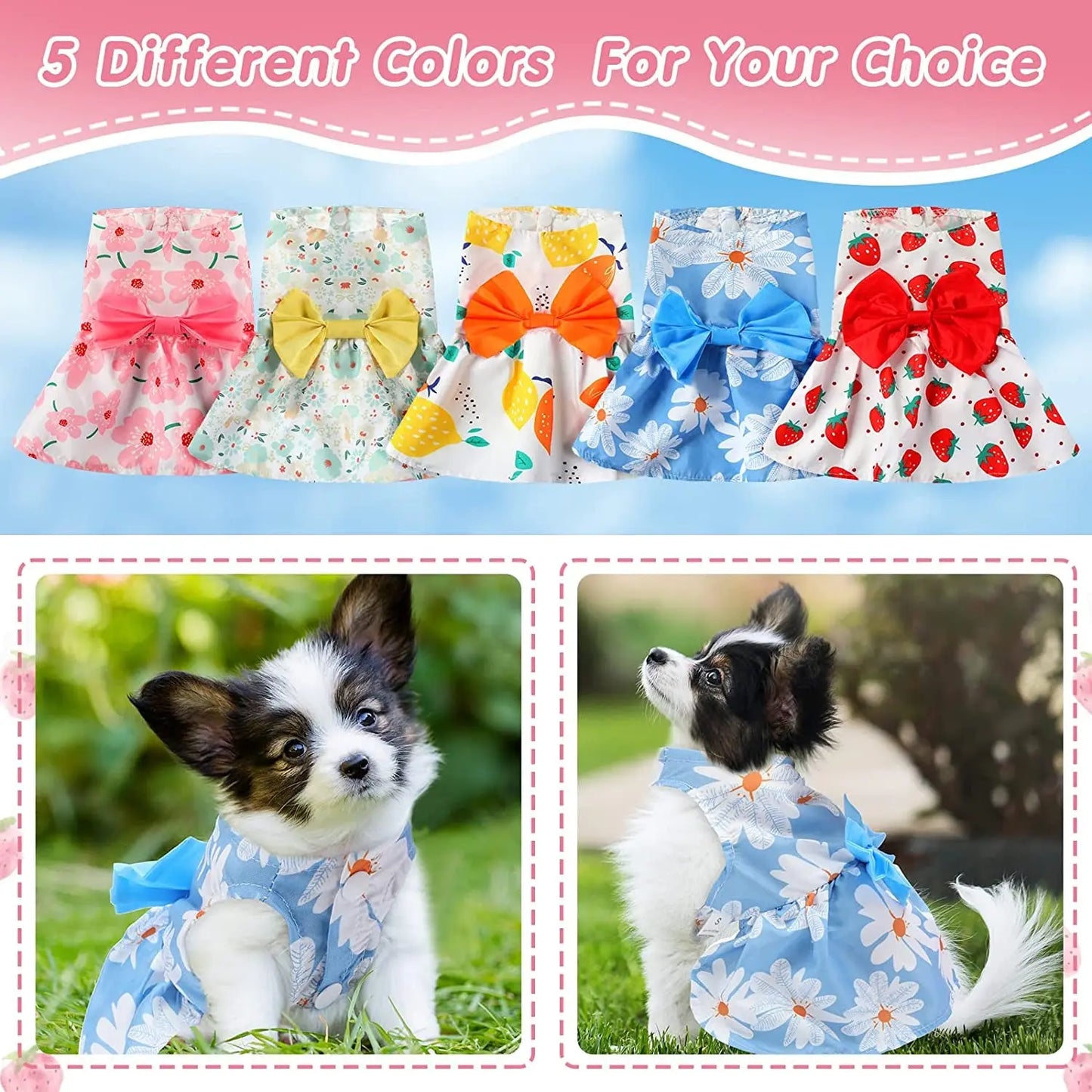 Floral Dog Dress Set Bow Summer Puppy Skirt Outfit Small Dogs Cats 5 Pack