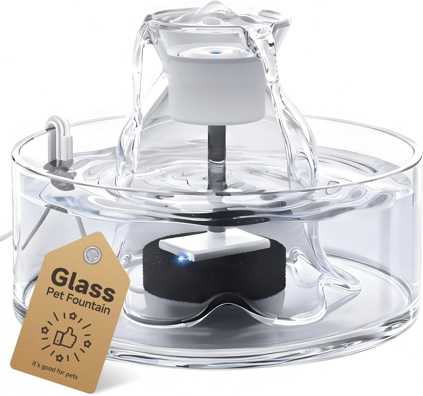 Glass Cat Water Fountain 2.7L Ultra Quiet BPA Free Auto Pet Fountain Glass Fountain