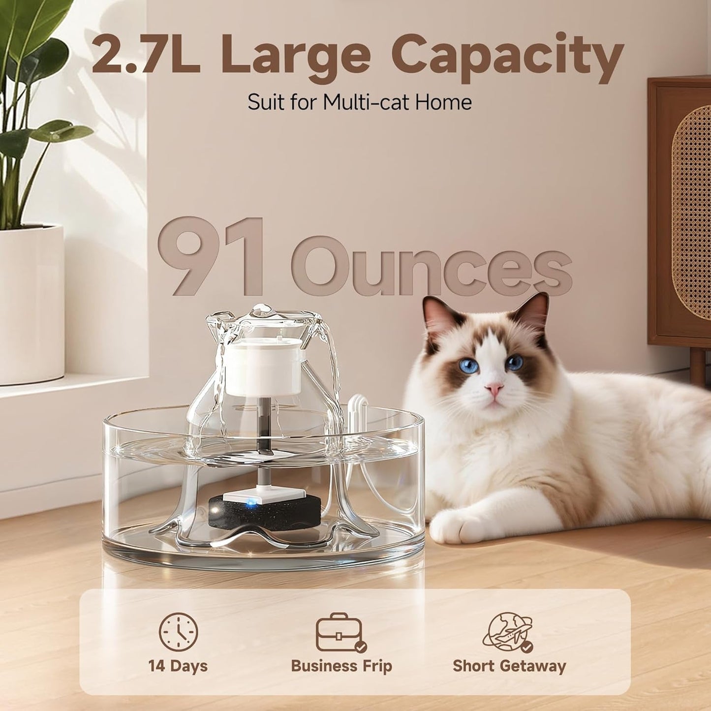 Glass Cat Water Fountain 2.7L Ultra Quiet BPA Free Auto Pet Fountain