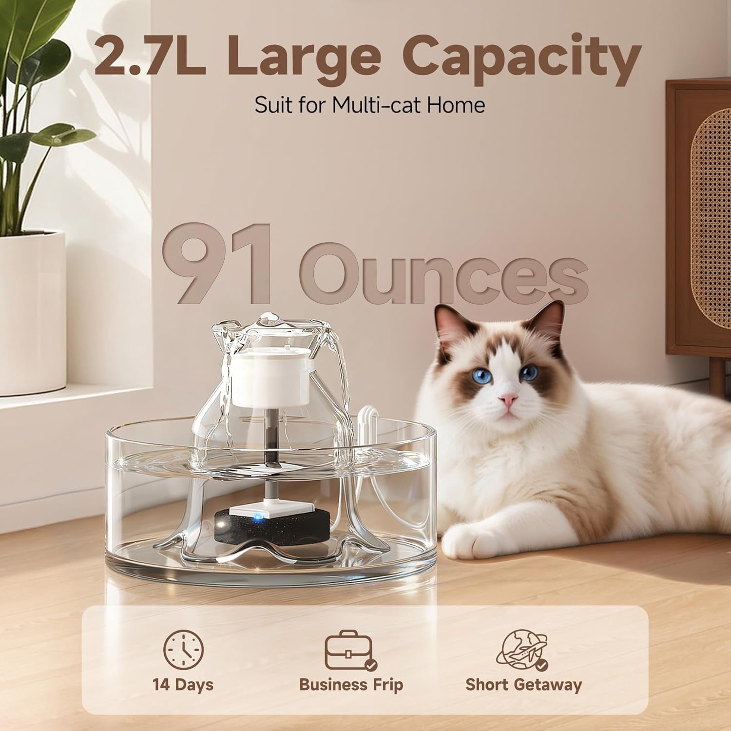 Glass Cat Water Fountain 2.7L Ultra Quiet BPA Free Auto Pet Fountain