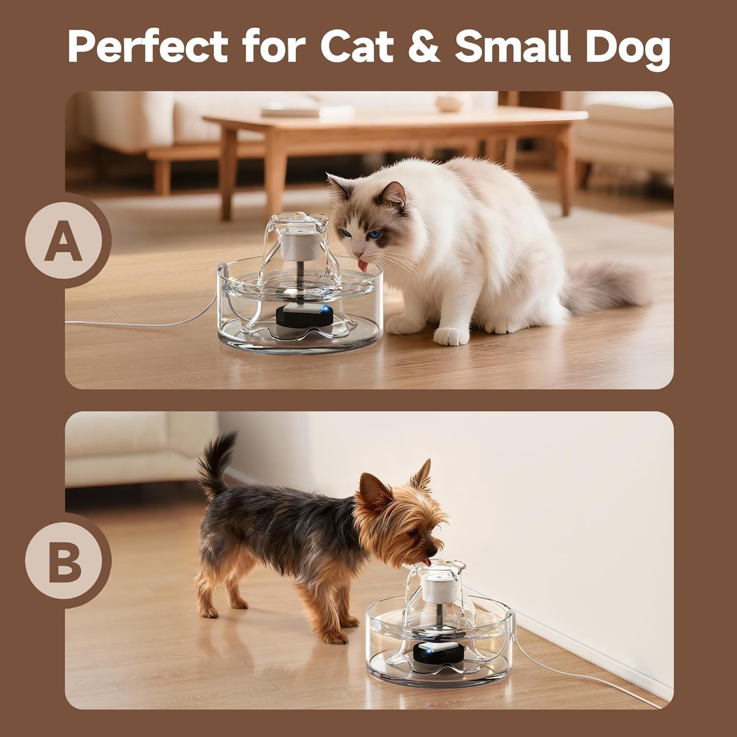 Glass Cat Water Fountain 2.7L Ultra Quiet BPA Free Auto Pet Fountain